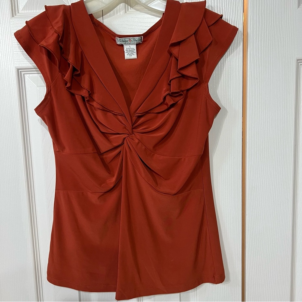 Vintage Suzie Orange Ruffle Knot V Neck Blouse Sz L Y2K Cottage Fairy Cap Sleeve
